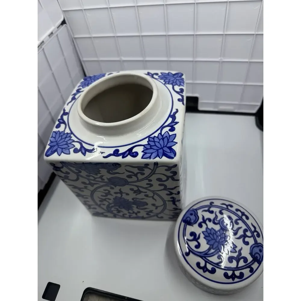 Vintage Asian Blue White Porcelain Tea Caddy, Lidded Jar, Lotus Flowers